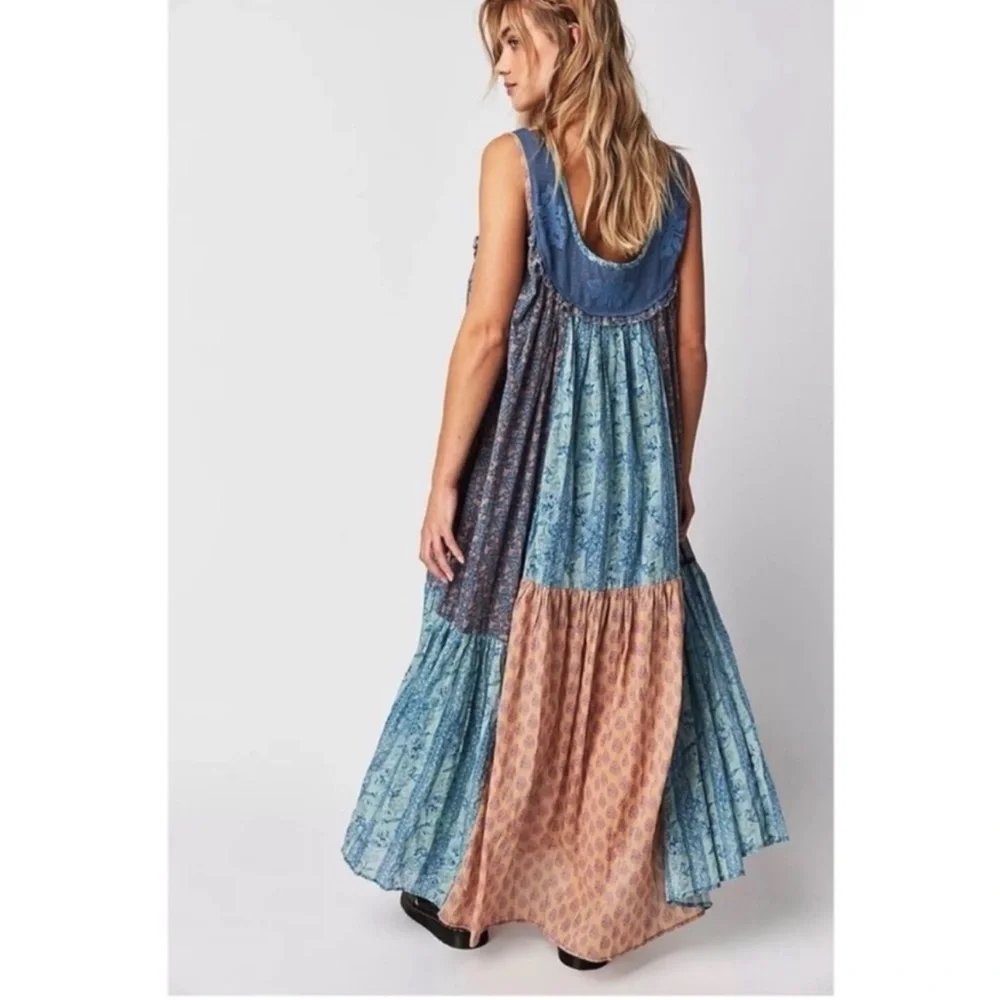 Free People Bohemian 70s Patchwork Hippie Lost Palms Craft Maxi Dress Medium - Picture 5 of 17